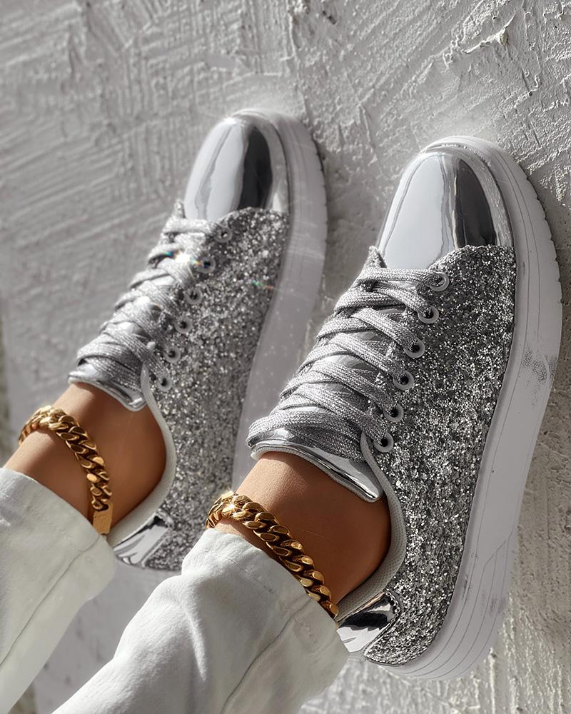 

Contrast Sequin Lace-up Round Toe Sneakers, Silver