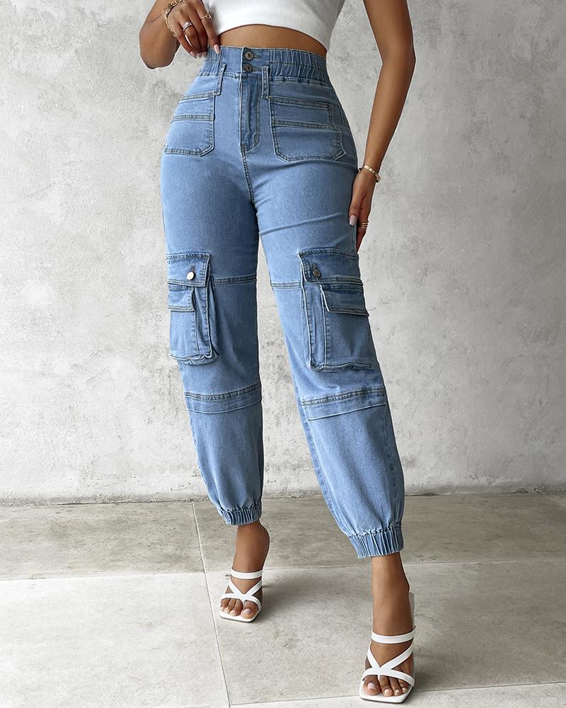 

Pocket Design Cuffed Jeans, Lighted blue