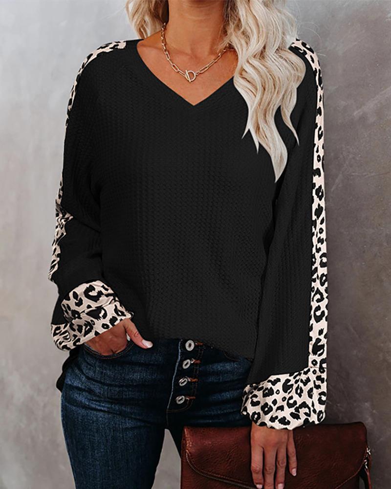 

Cheetah Print Colorblock Lantern Sleeve Top, Black