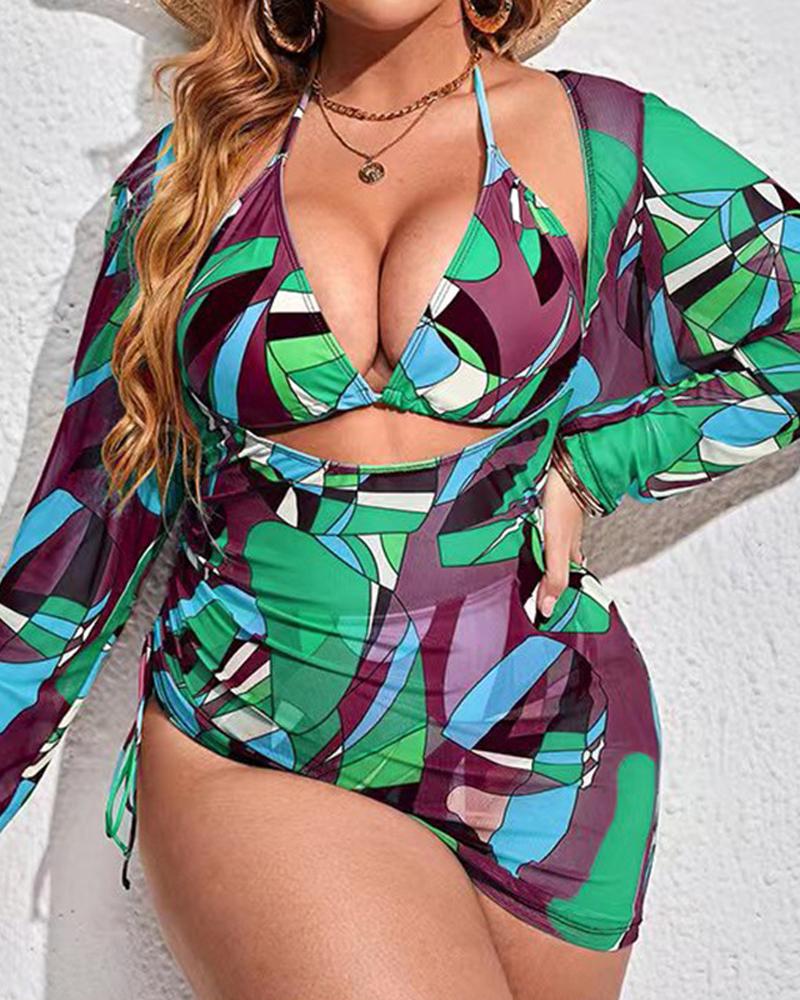 Plus Size 3PCS Abstract Print Bikini Set With Cover Up