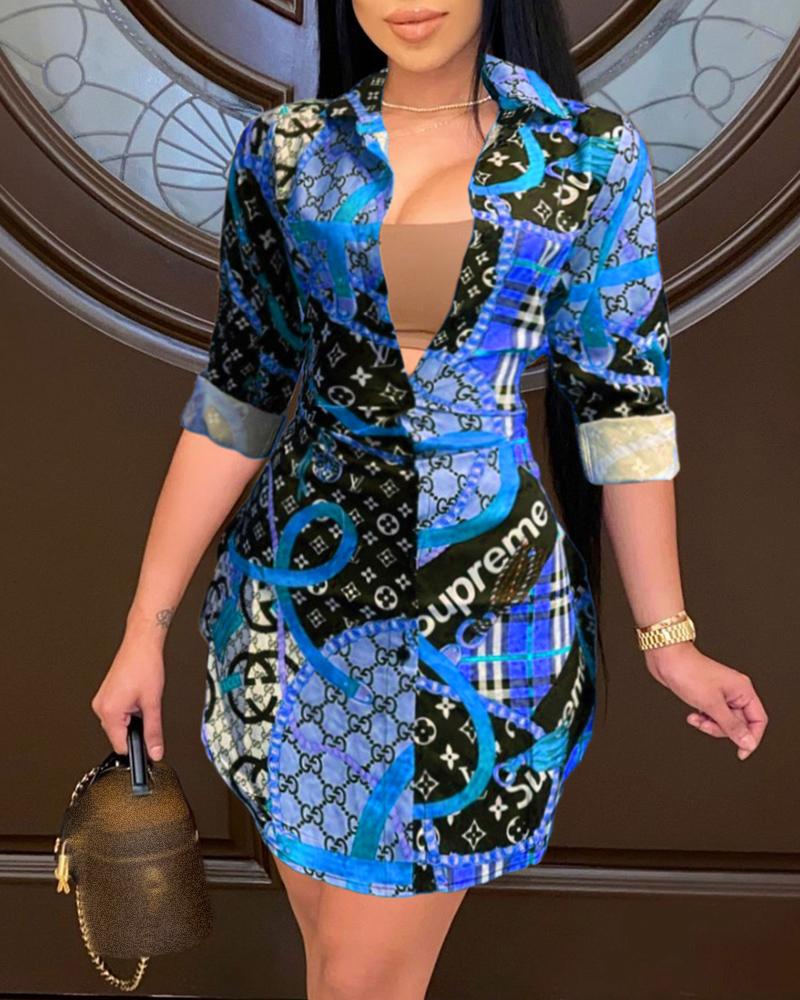 

Letter Chain Print Colorblock Shirt Dress, Blue
