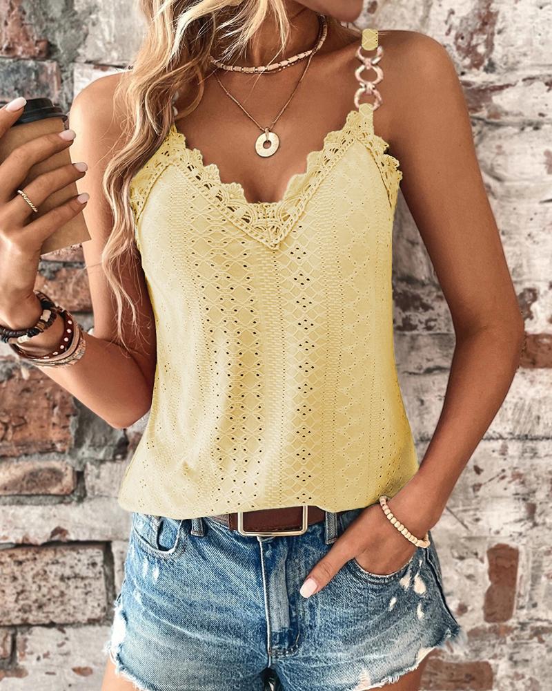 

Chain Decor Eyelet Embroidery Lace Patch Tank Top, Yellow