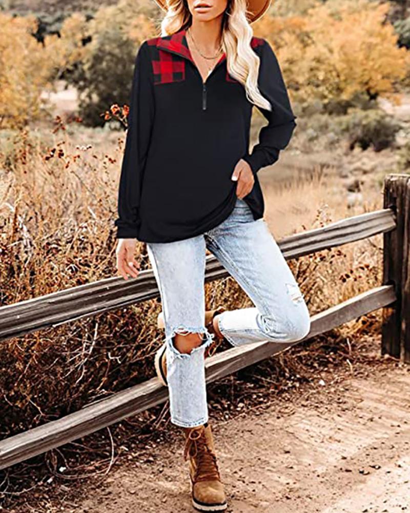 

Plaid Print Long Sleeve Zipper Front Casual Top, Red