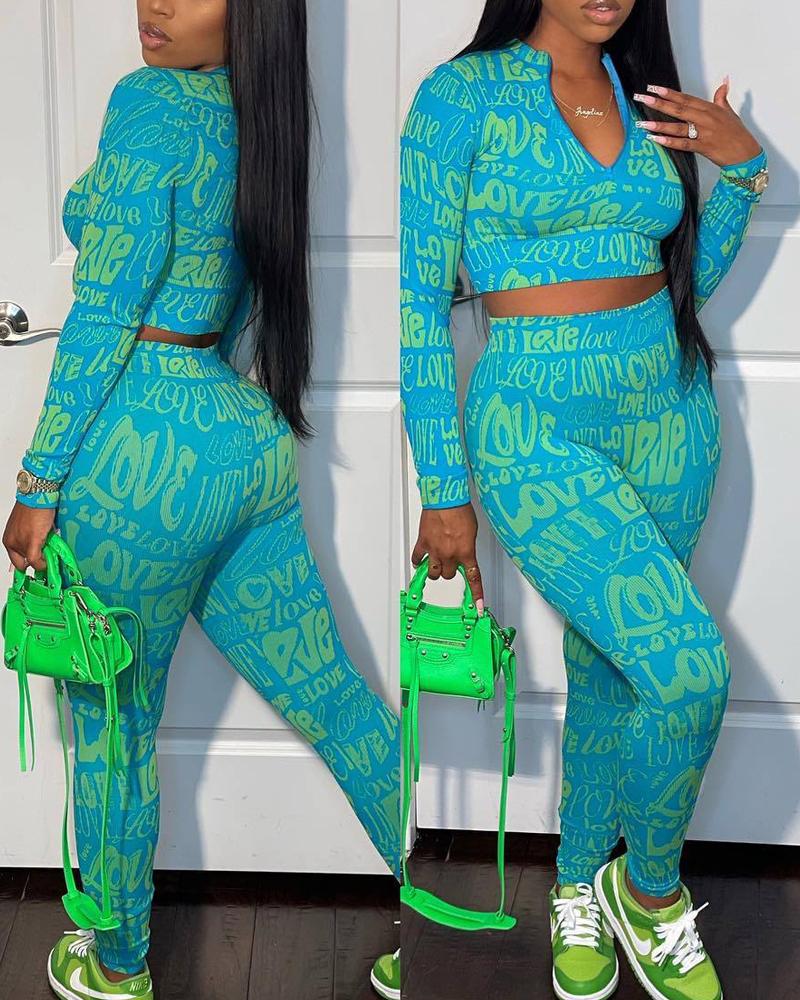 

Letter Print Long Sleeve Crop Top & High Waist Pants Set, Blue
