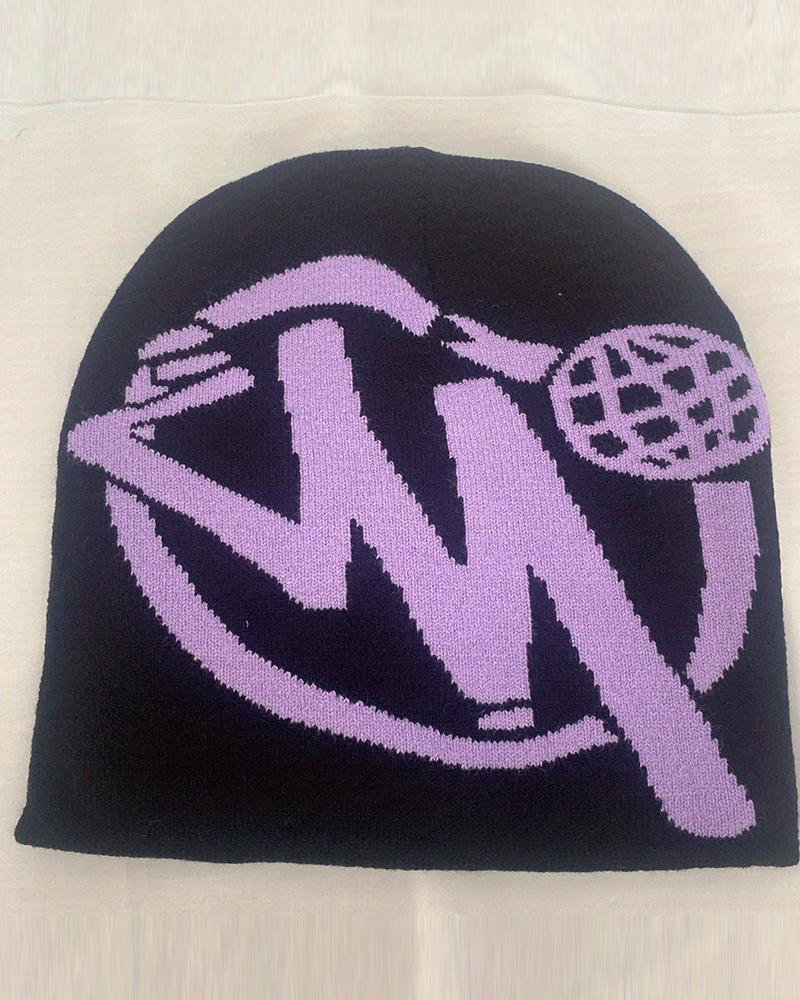 

Fashionable Letter Pattern Y2k Knit Thermal Beanie Hat, Purple