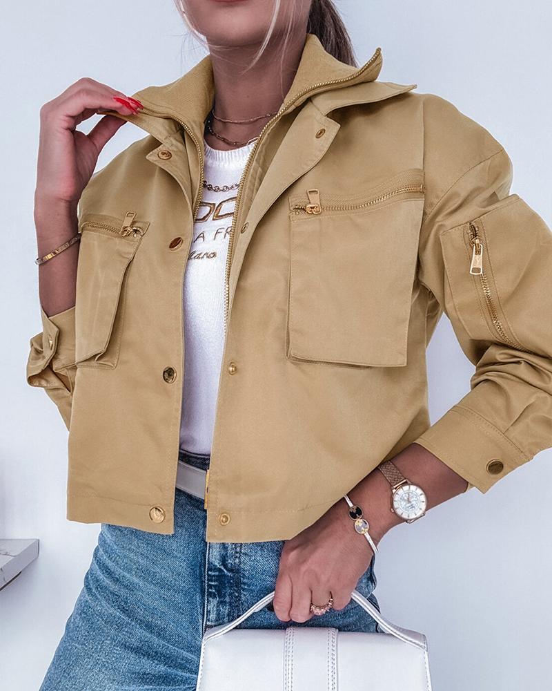 

Chaqueta corta informal con cuello vuelto, bolsillos cargo, botones a presión en la parte delantera y cremallera, cortavientos, Khaki