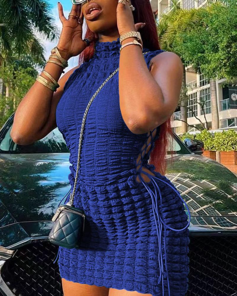 

Stacked Mock Neck Side Lace-up Bodycon Dress, Blue