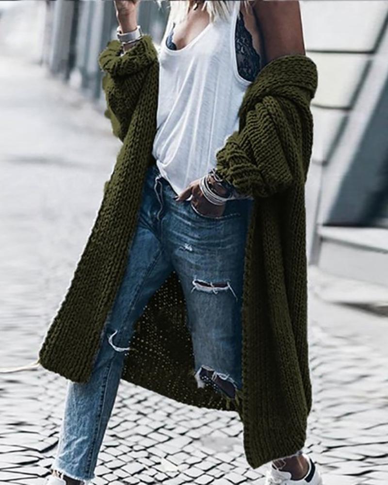 

Knit Long Sleeve Open Front Casual Cardigan, Army green