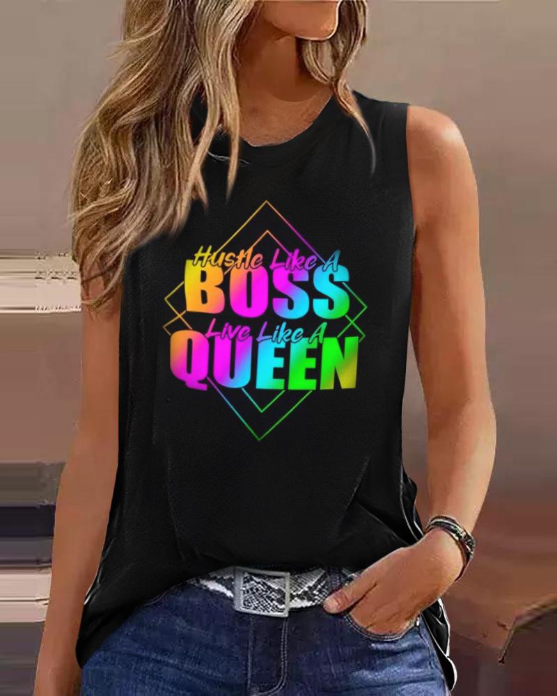 

Hustle Like A Boss Live Like A Queen Print Casual Tank Top, Black