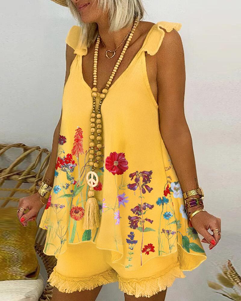 

Floral Print Sleeveless Flowy Top & Shorts Set, Yellow