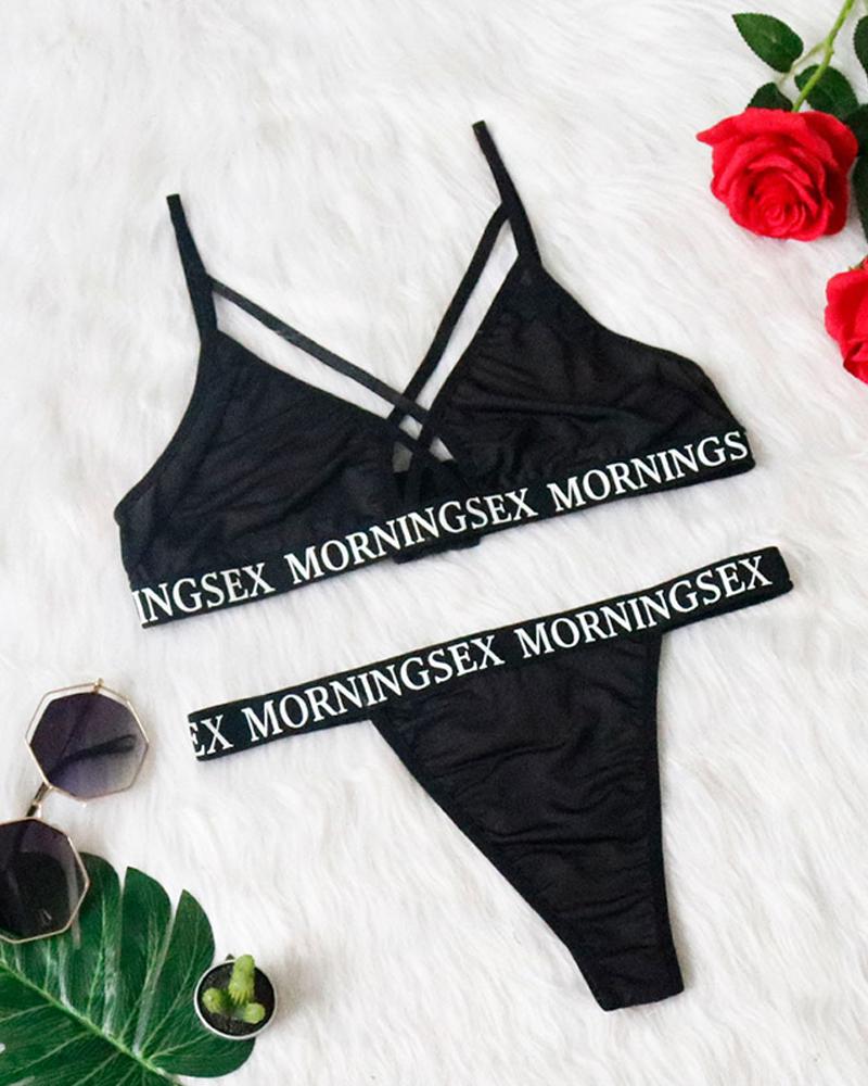 

Letter Print Triangle Bra Sets, Black