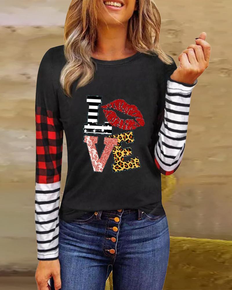 

Valentine' Day Lip Letter Print Long Sleeve Top, Black