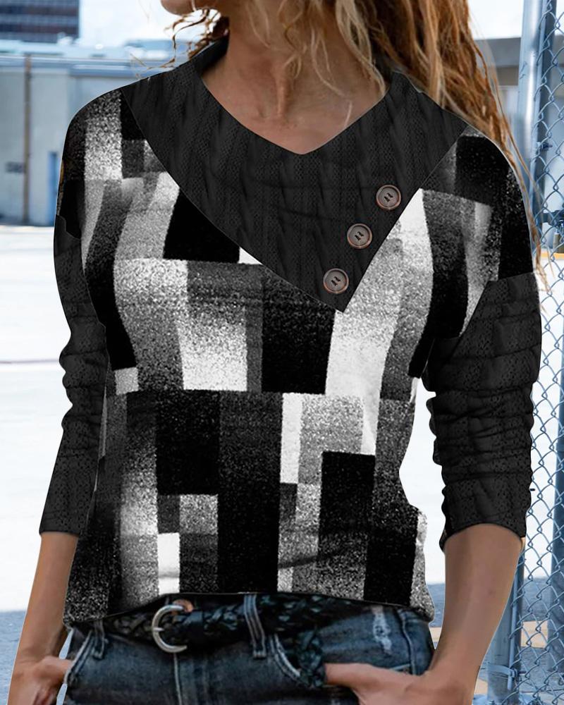 

Geometric Print Button Decor Long Sleeve Top, Black