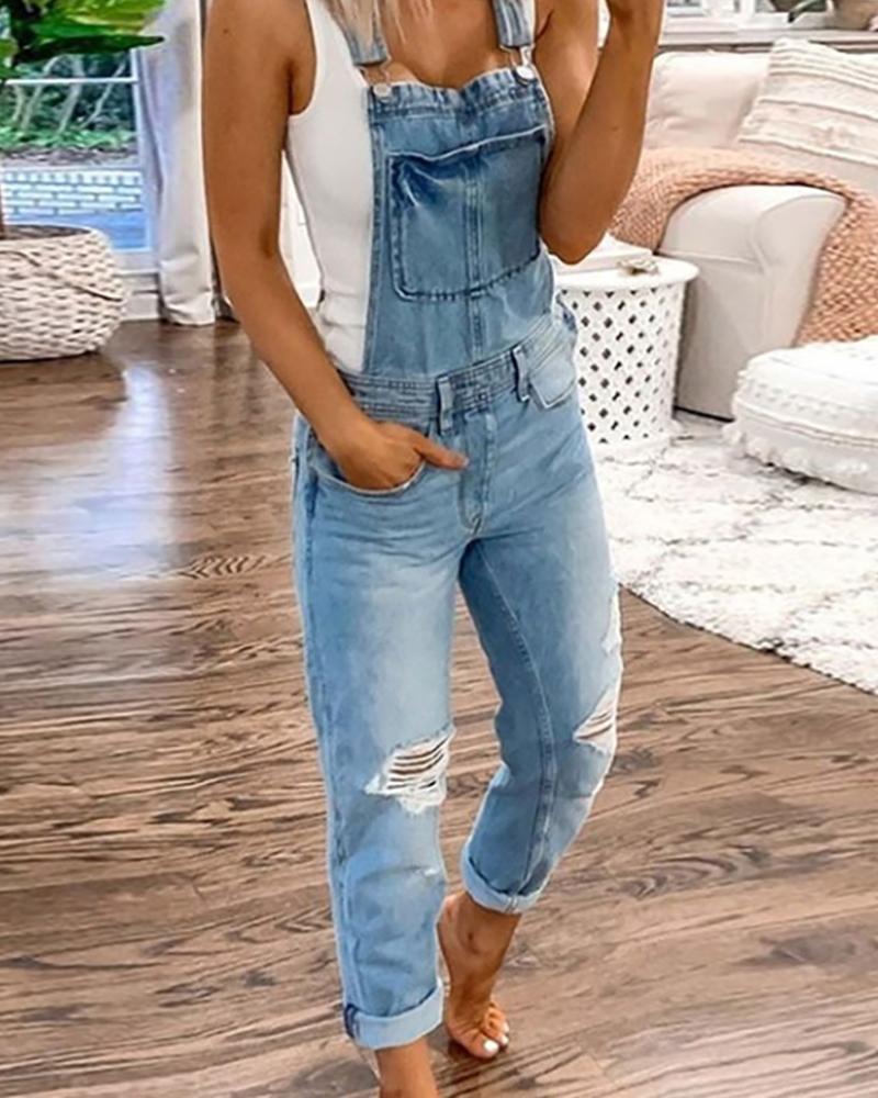 

Ripped Pocket Design Denim Suspender Jumpsuit, Blue