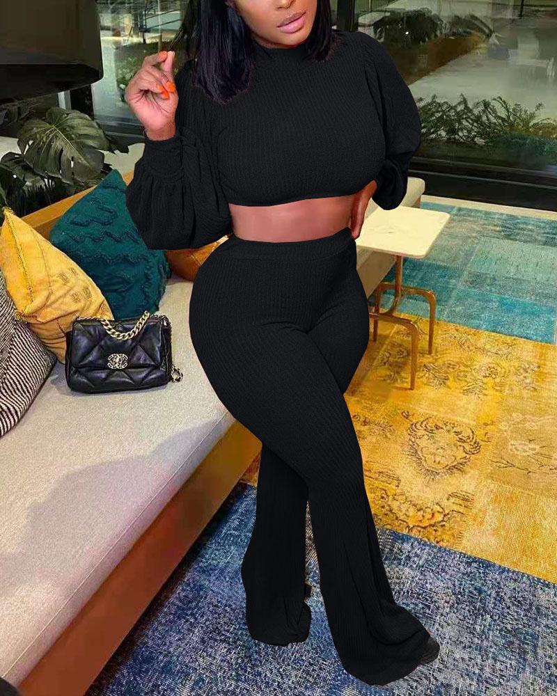 

Rib-Knit Lantern Sleeve Crop Top & Bootcut Pants Set, Black