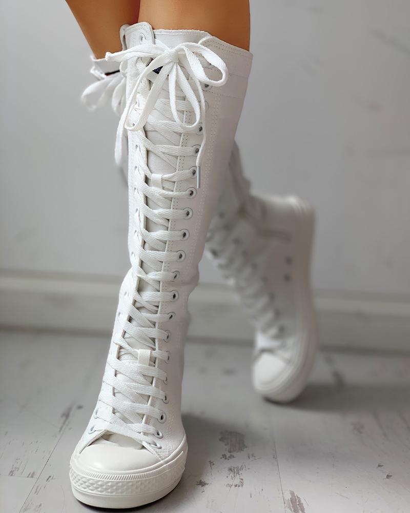 

Canvas Side Zipped Lace-Up Boots, White