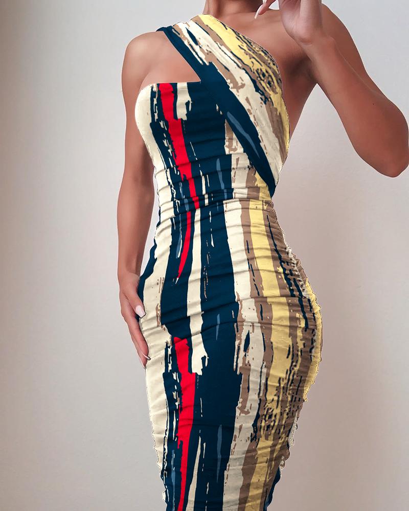 

Abstract Print One Shoulder Ruched Bodycon Dress, Multicolor