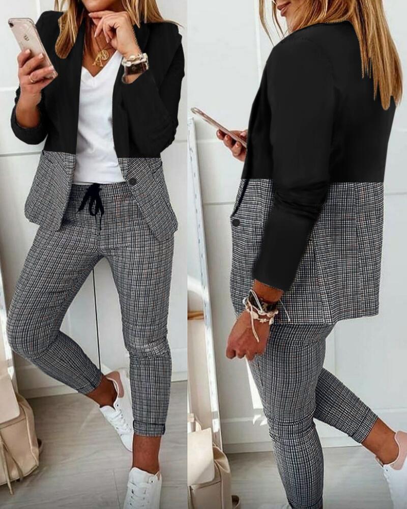

Plaid Print Colorblock Blazer & Drawstring Pants Set, Style1