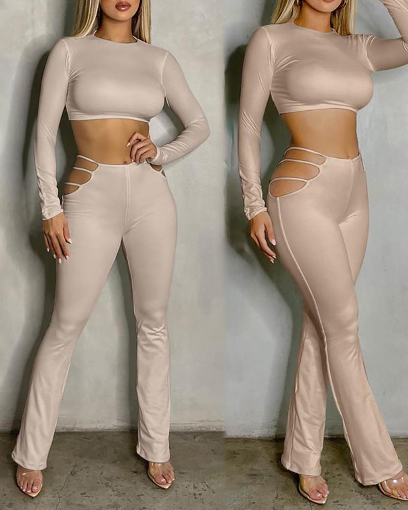 

Long Sleeve Skinny Crop Top & Cutout Pants Sets, Beige