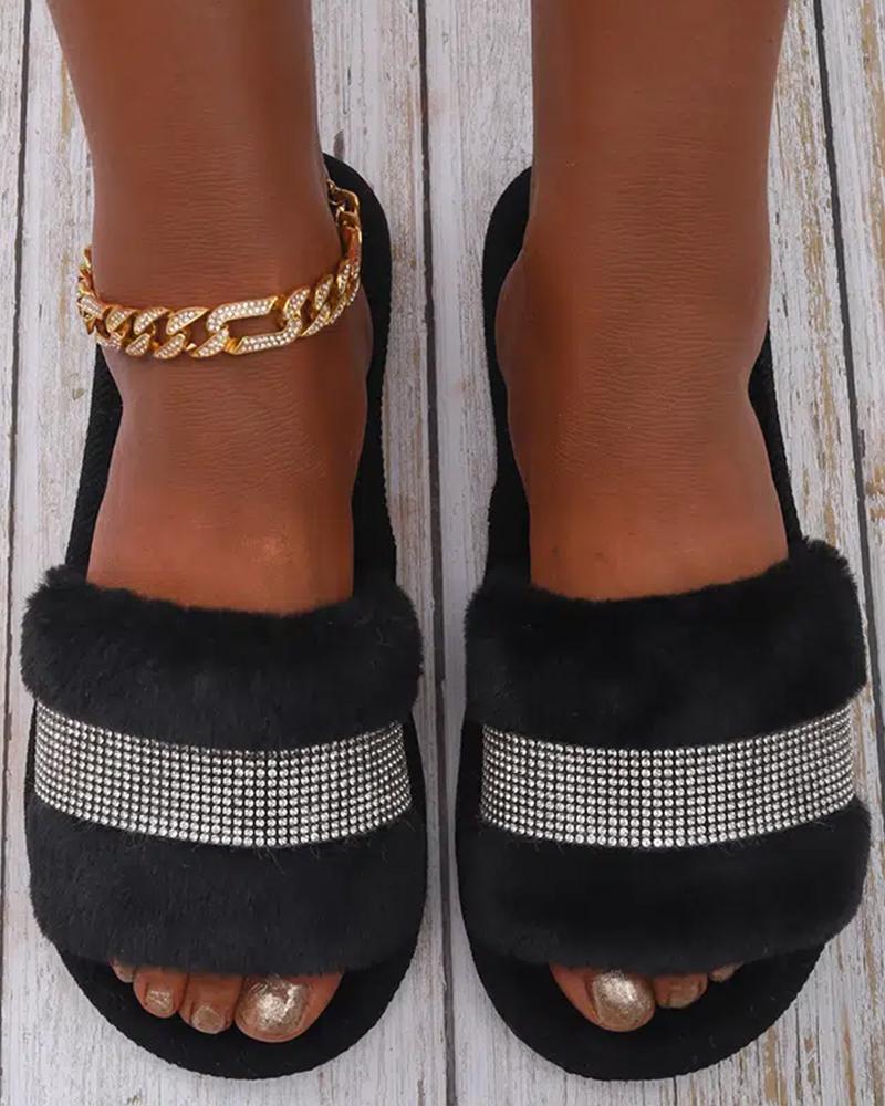 

Fuzzy Rhinestone Decor Slippers, Black