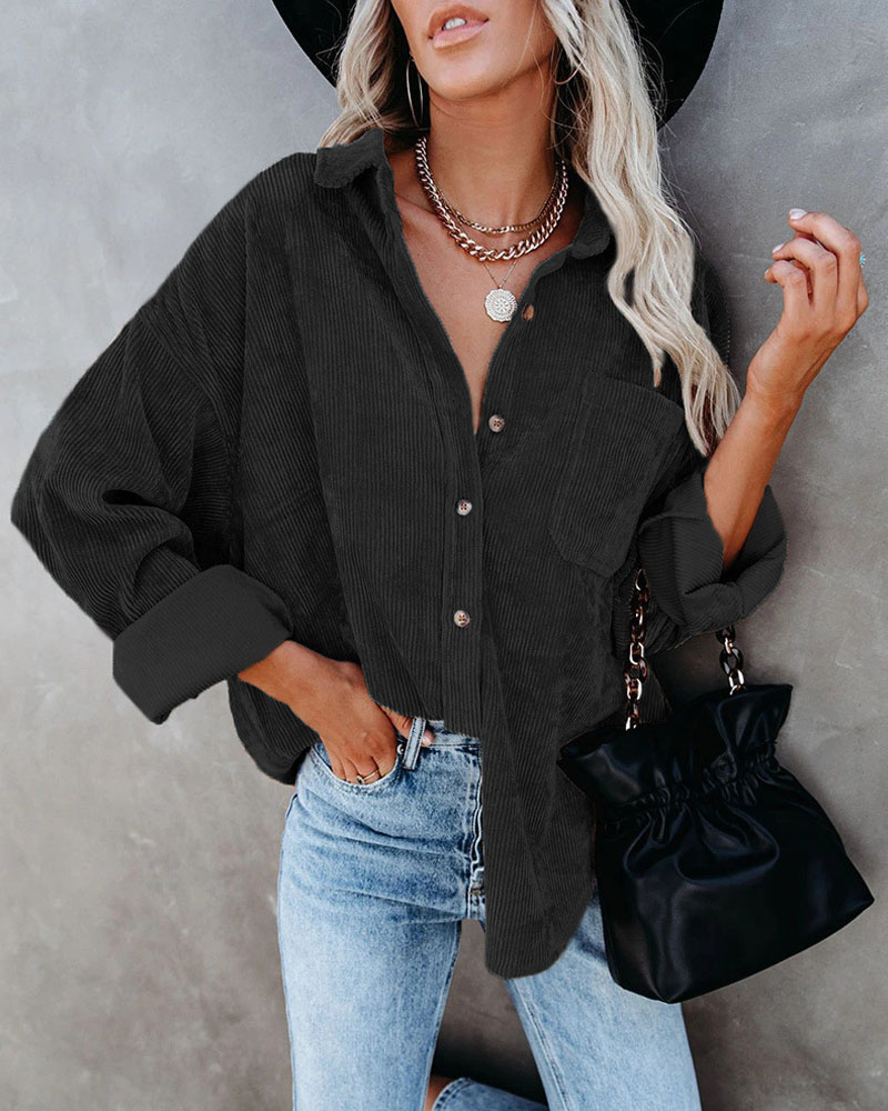 

Long Sleeve Button Front Corduroy Shacket, Black