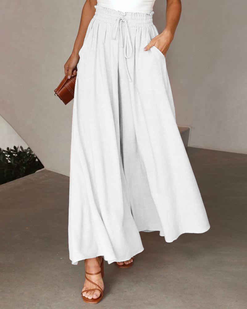 

Drawstring High Waist Wide Leg Pants, White