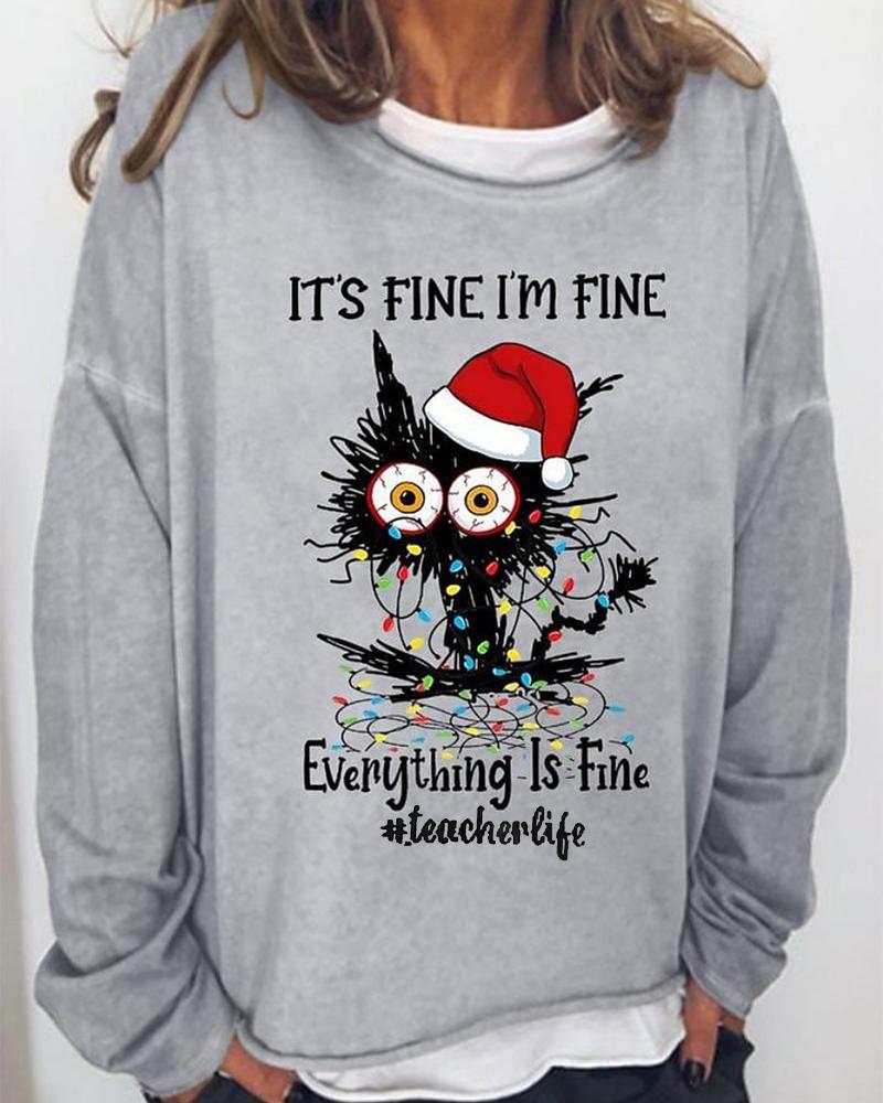 

Christmas Letter Cat Print Long Sleeve Casual Top, Gray