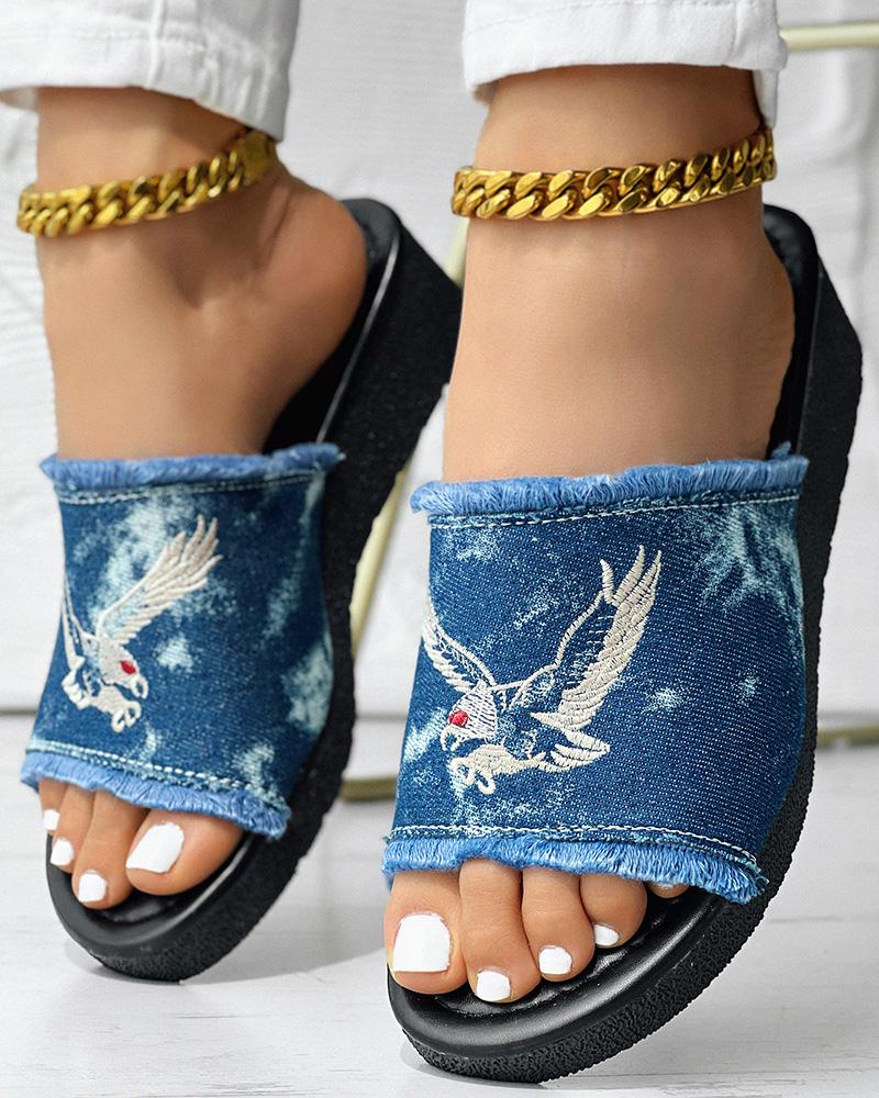 

Animal Pattern Fringe Hem Embroidery Denim Wedge Sandals, Blue