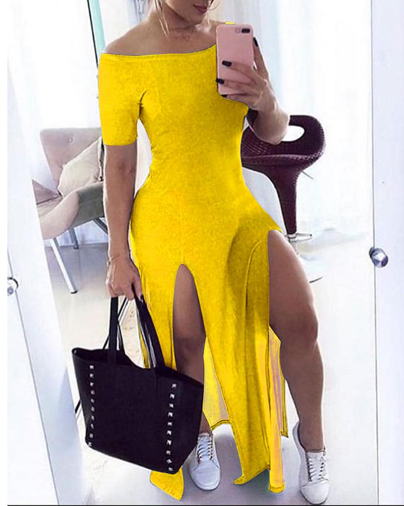 

Off Shoulder High Slit Maxi Dress, Yellow