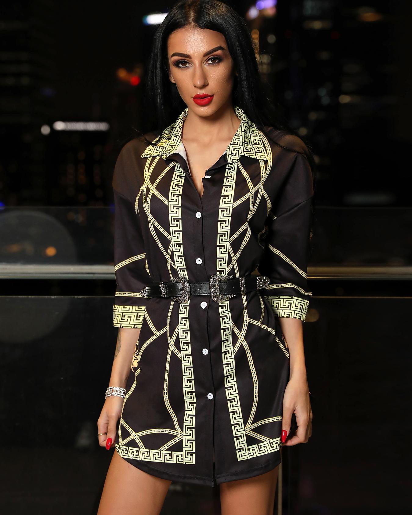 

Fashion Digital Printed Leisure Shirt Dress, Black