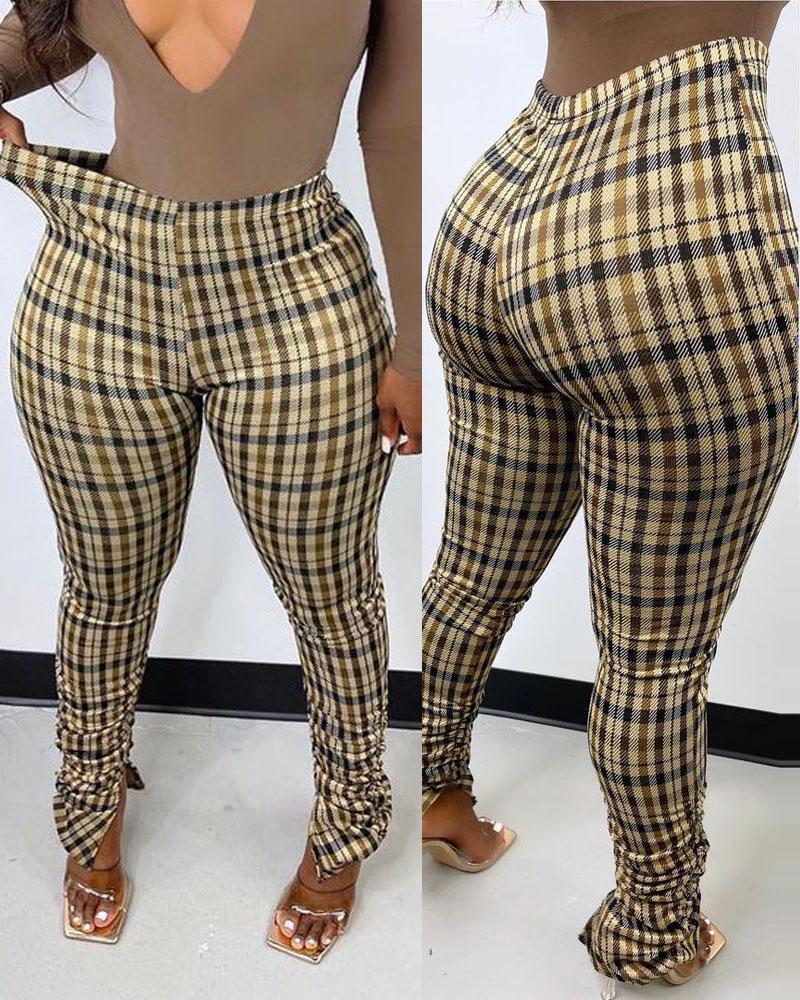 

Plaid Print Split Hem Stacked Skinny Pants, Khaki