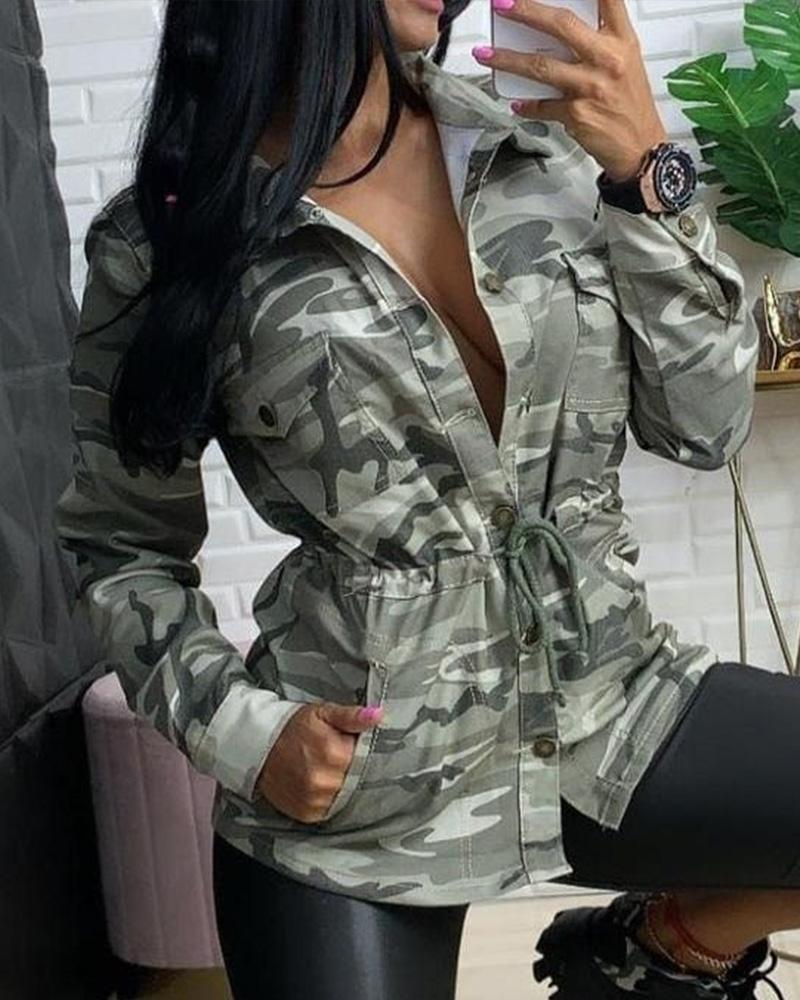 

Camo Print Drawstring Waist Button Front Coat, Camoflage