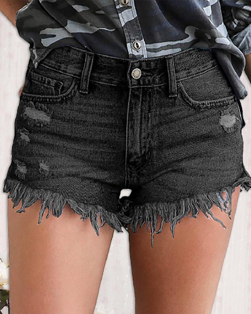 

Fringe Hem Ripped Button Design Denim Jean Shorts, Black