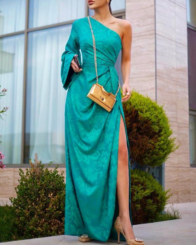 

Floral Pattern Print One Shoulder Bell Sleeve Party Dress, Green