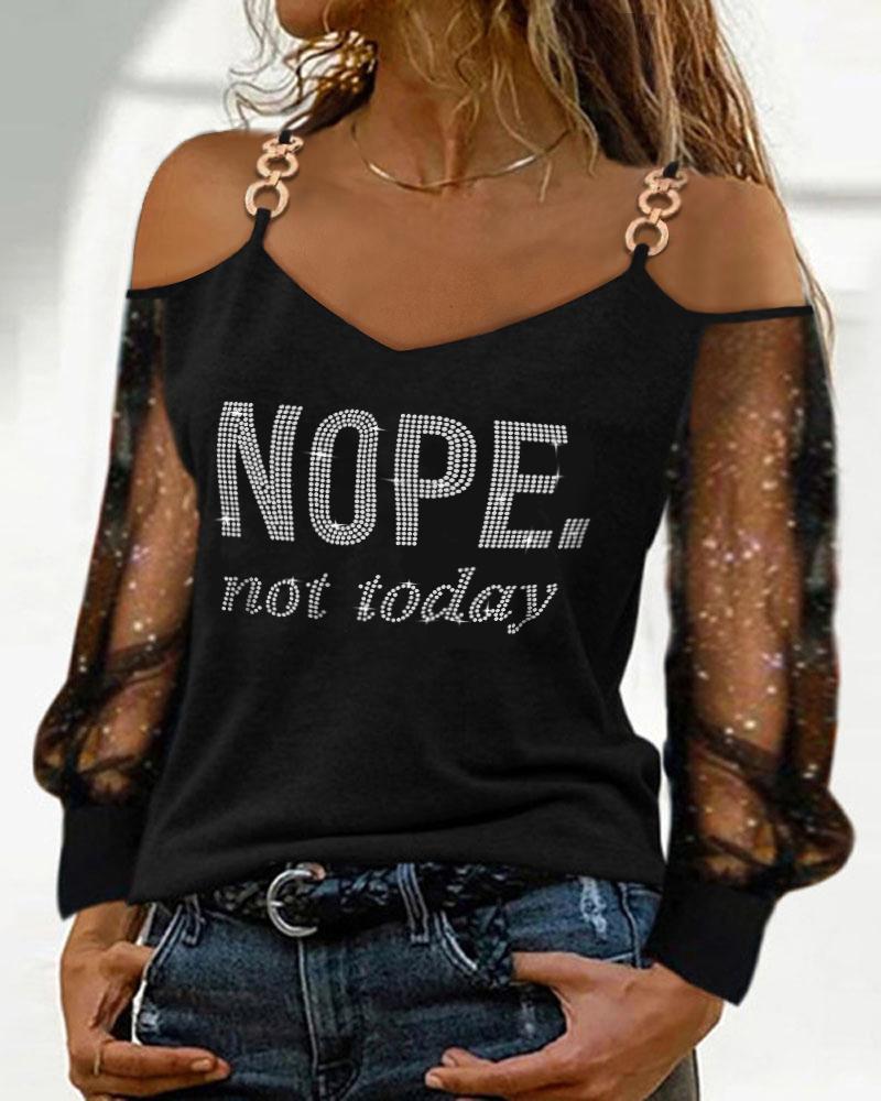 

Rhinestone Letter Pattern Contrast Mesh Cold Shoulder Top, Black