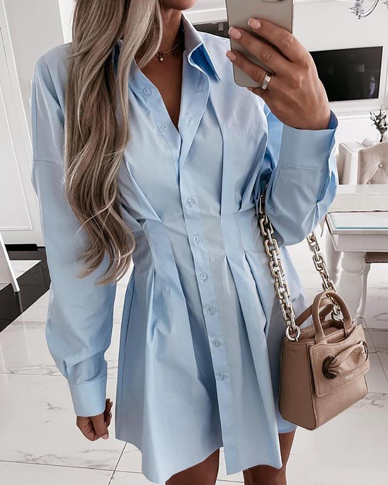 

Plain / Striped Print Button Front Ruched Shirt Dress, Blue