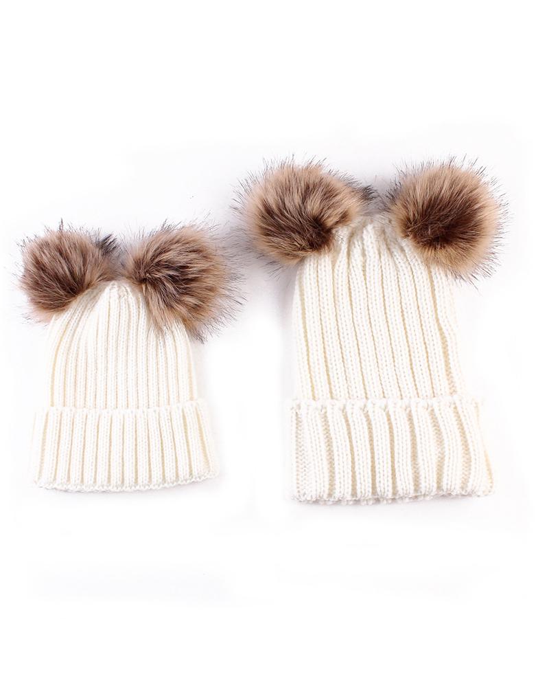 

2PCS/Set Parent-baby Double Pom Pom Knit Cuffed Beanie, White