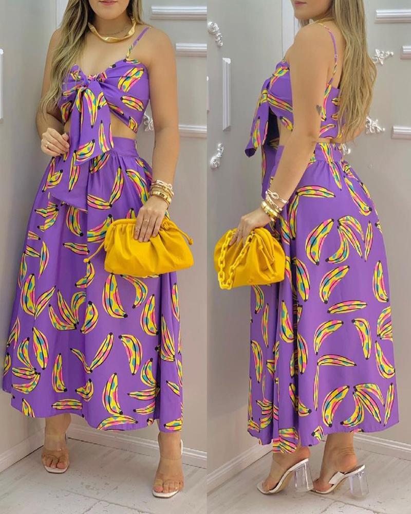 

Banana Print Spaghetti Strap Top & Skirt, Purple