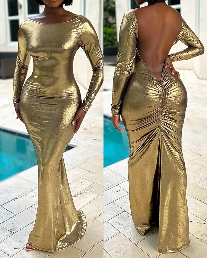 

Metallic Long Sleeve Mermaid Ruched Evening Dress, Gold