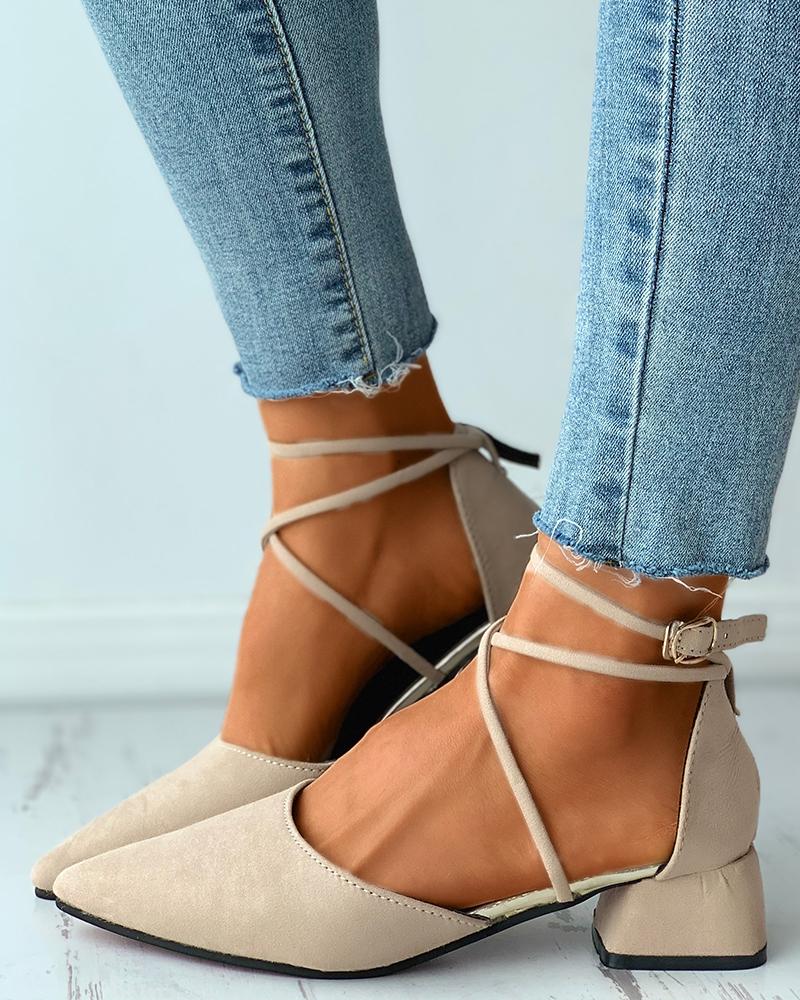 

Bandage Buckled Suede Pointed Toe Chunky Heels, Khaki