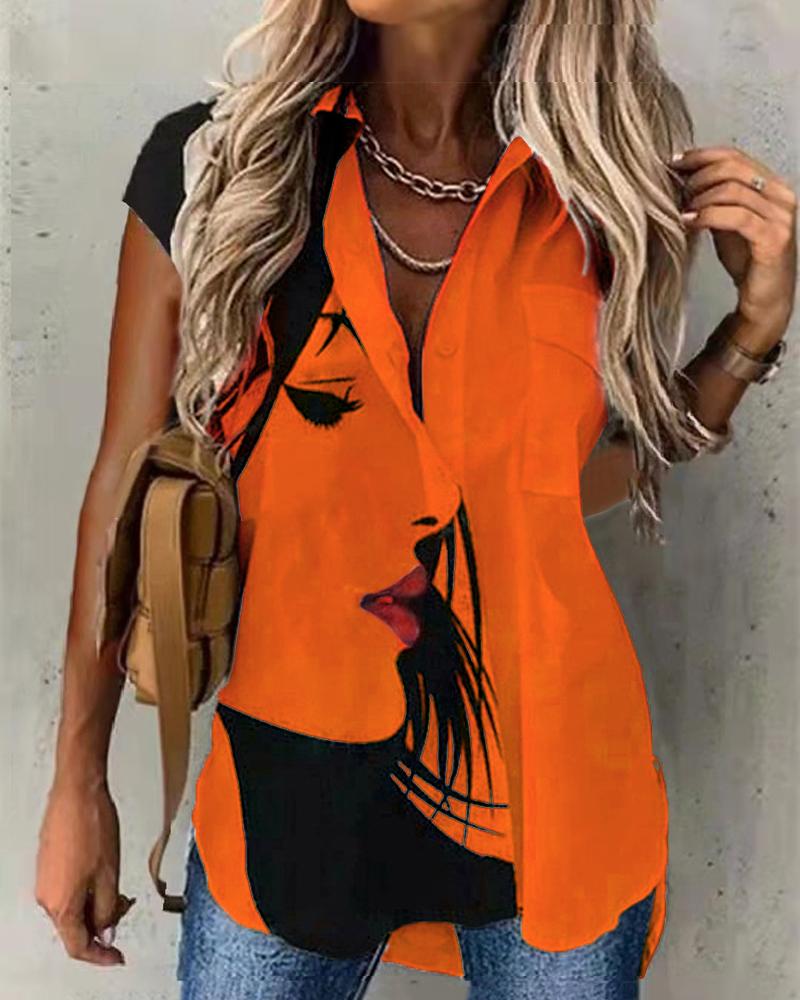 

Figure Print Buttoned Pocket Design Shirt, Orange