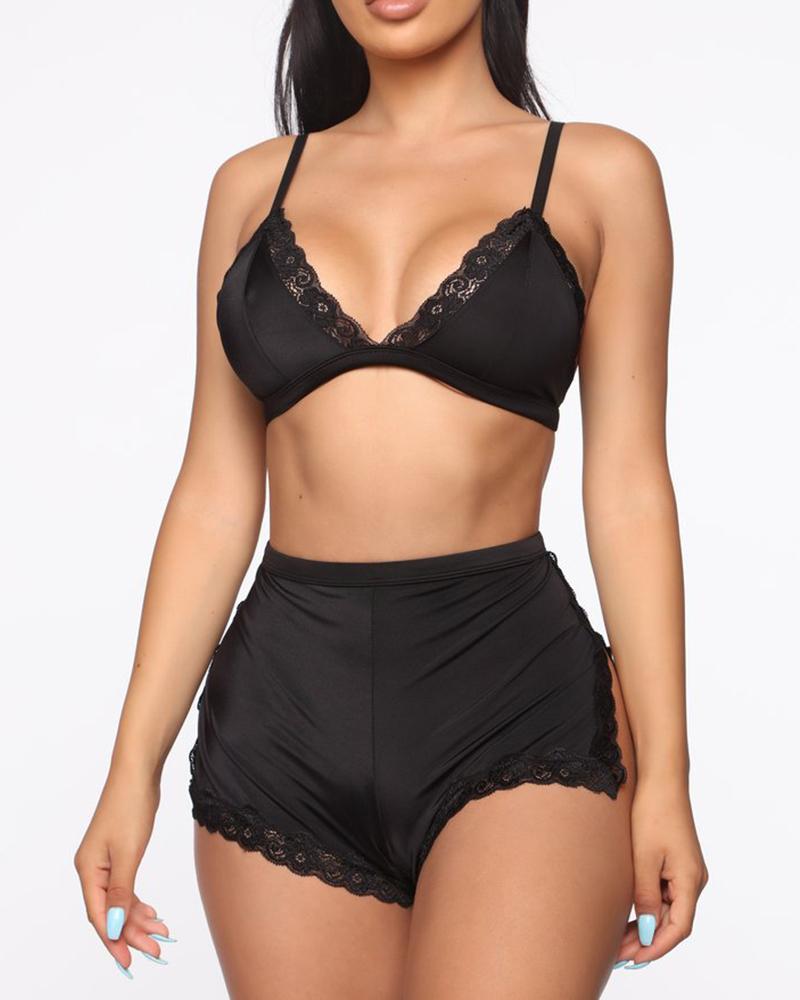 

Side Slit Backless Lace Trim Cami Sets, Black