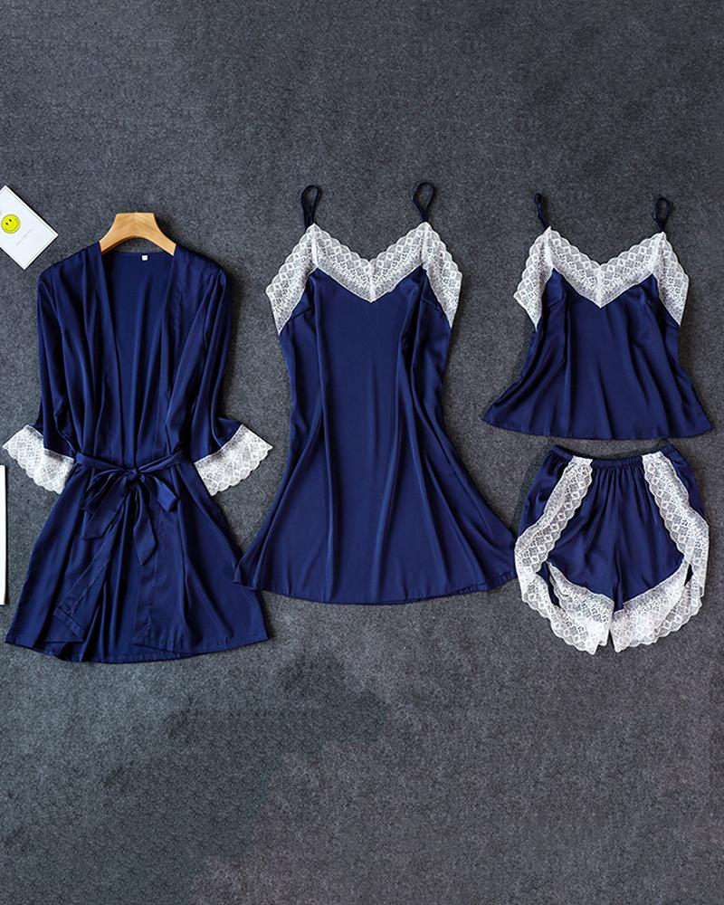 

Satin Lace Trim 4PCS Sleepwear Sets, Dark blue