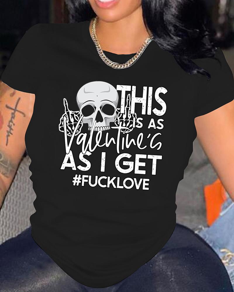 

Valentine's Day Letter Skull Print Short Sleeve T-shirt, Black