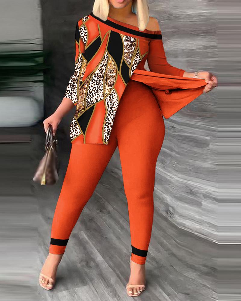 

Plus Size Baroque Leopard Print Skew Neck Top & Pants Set, Orange