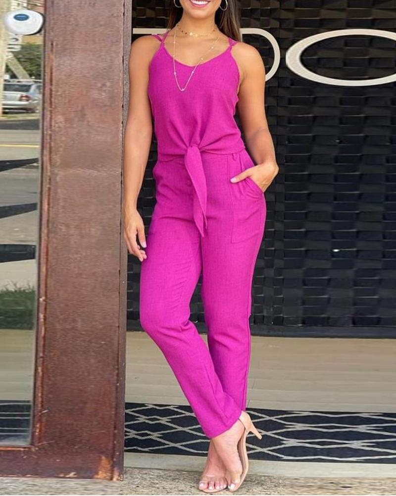 

Knotted Front Pocket Design Crisscross Backless Jumpsuit, Purple
