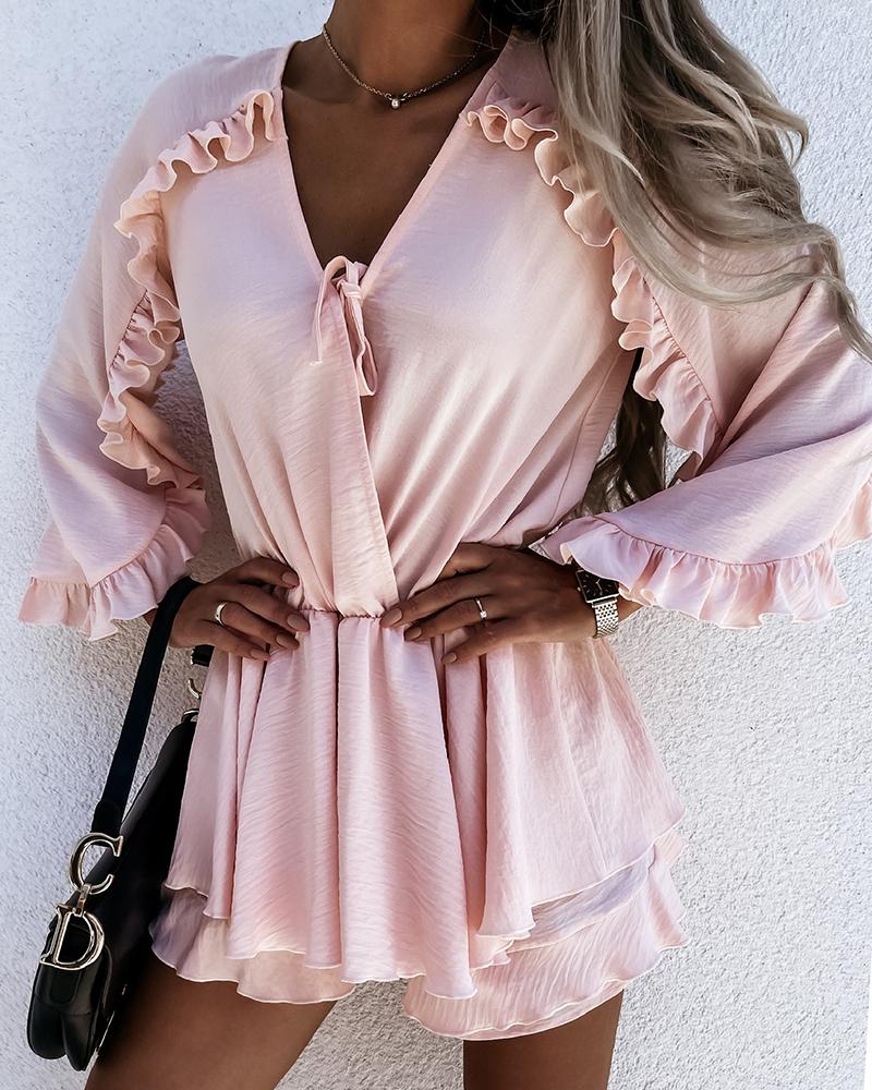 

Frill Trim Surplice Neck Tie Front Layered Romper, Pink