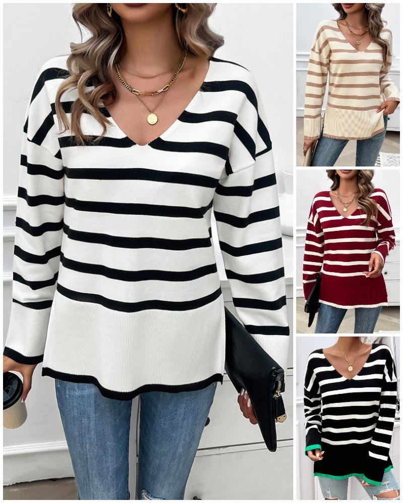 

Striped V-Neck Long Sleeve Side Slit Knit Sweater, White