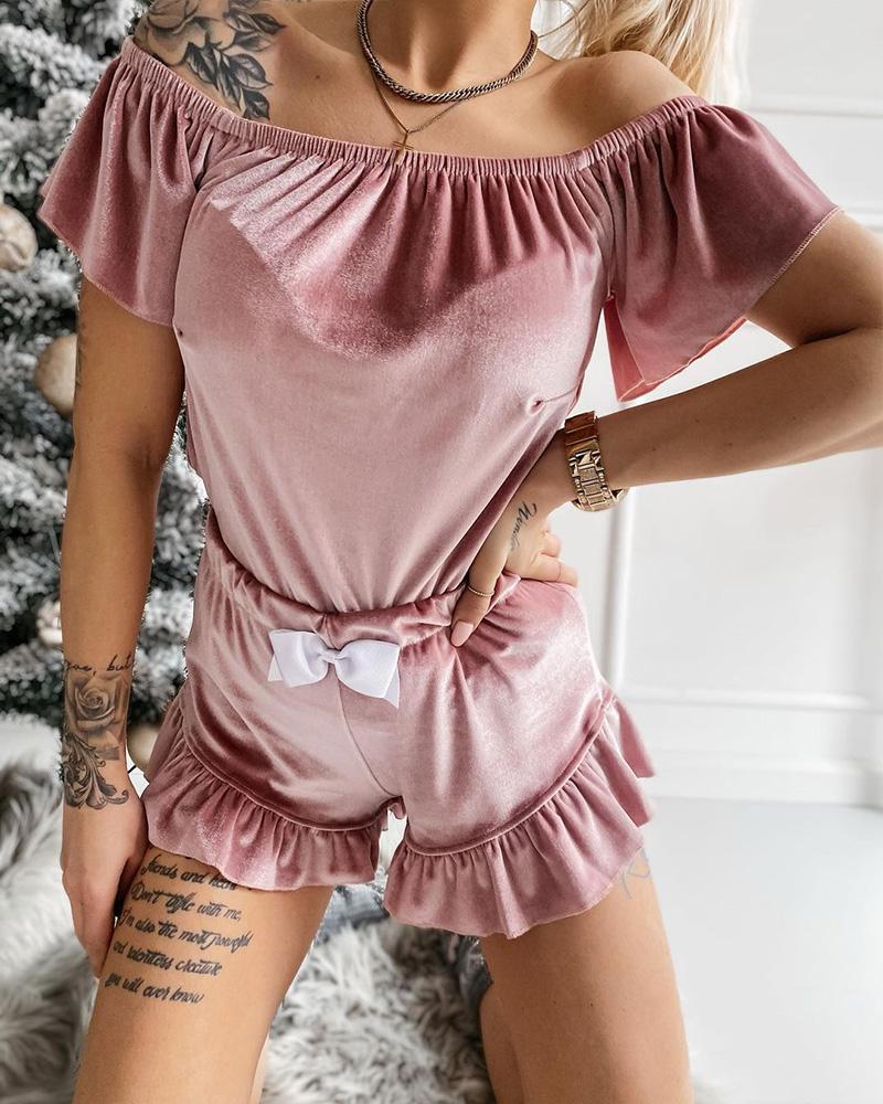 

Velvet Off Shoulder Top & Shorts Lounge Set, Pink