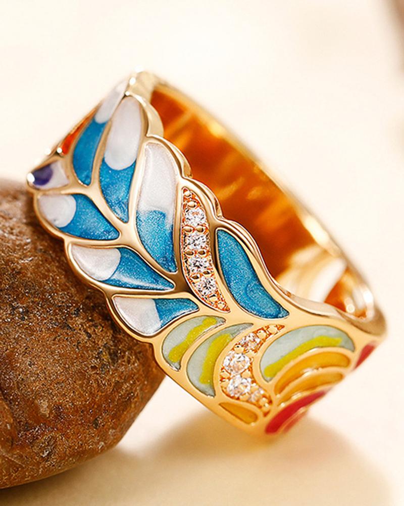 

1pc Blue And White Porcelain Pattern Ring, Multicolor